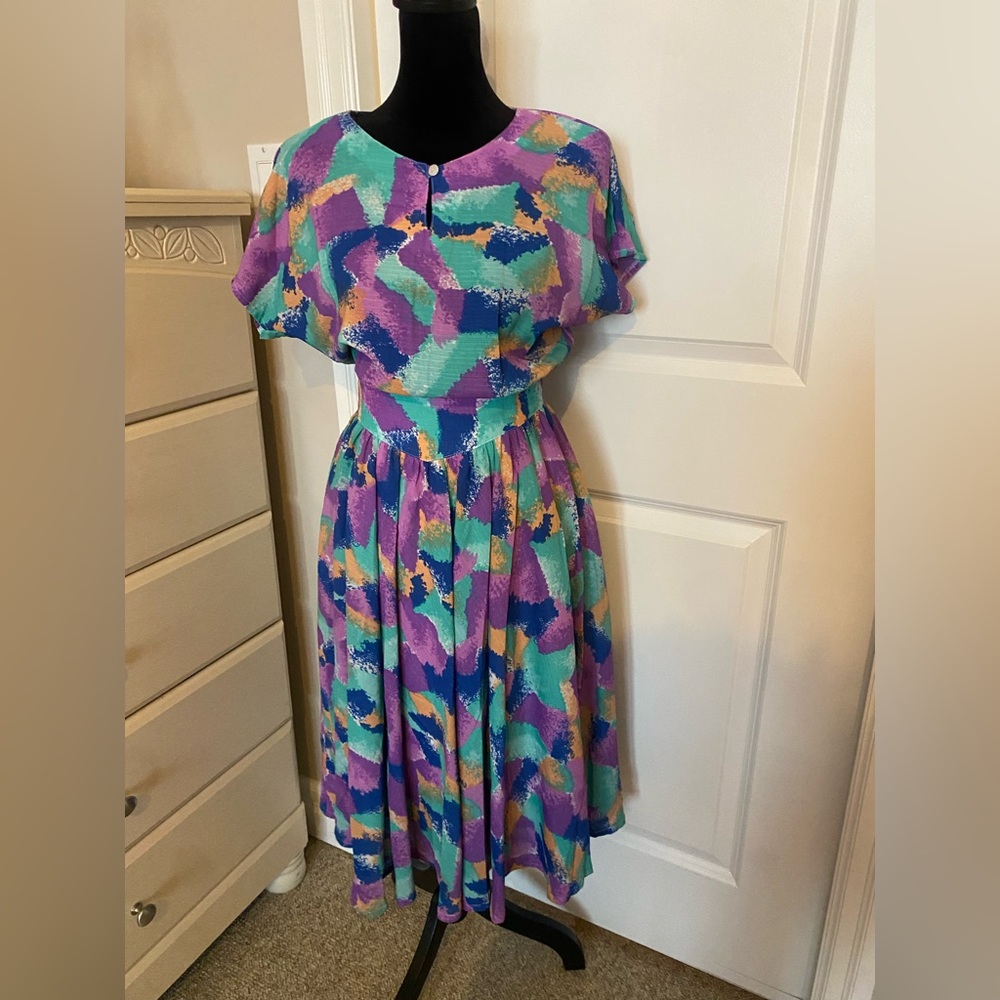 Vintage 90s Tulip Tops Abstract Multicolor Dress Shoulder Pads